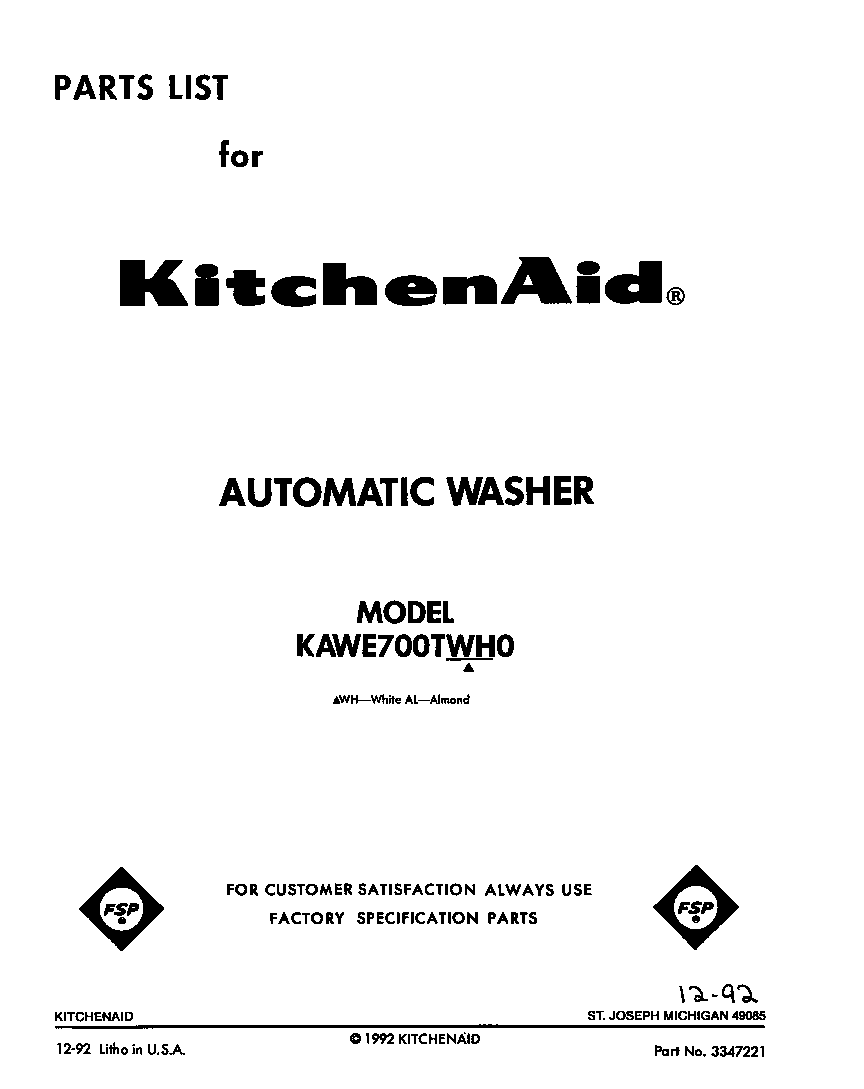 KitchenAid KAWE700TWH0 front cover diagram