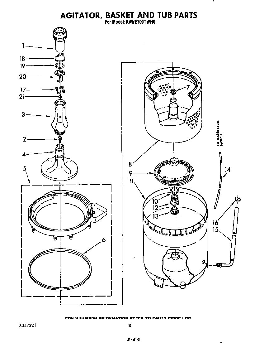 KitchenAid KAWE700TWH0 agitator, basket and tub diagram