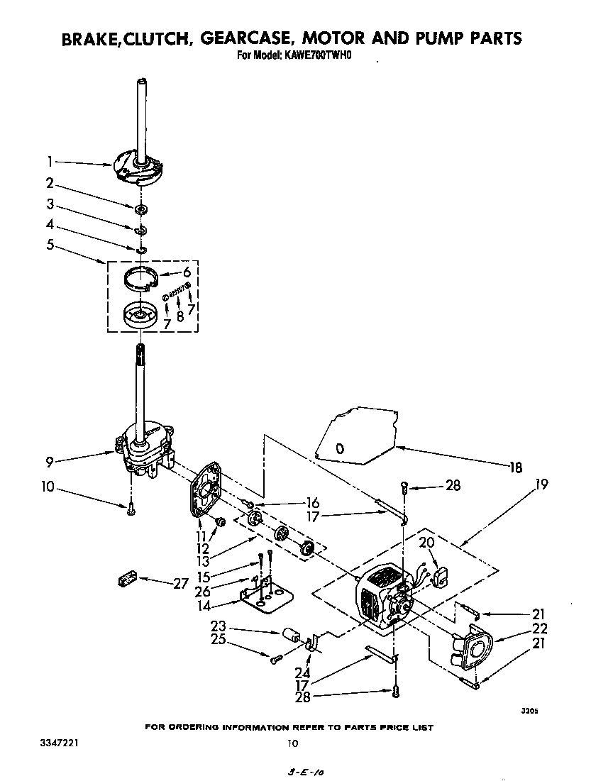 KitchenAid KAWE700TWH0 brake, clutch, gearcase, motor and pump diagram