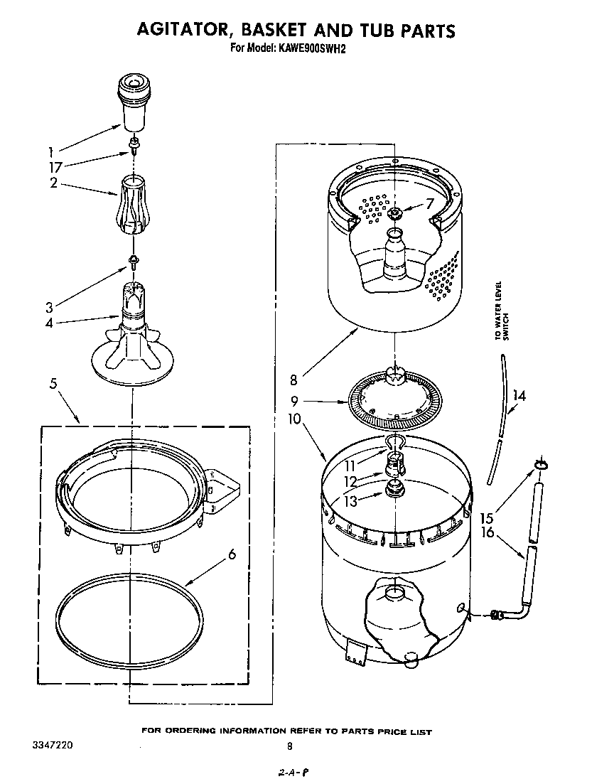 KitchenAid KAWE900SWH2 agitator, basket and tub diagram