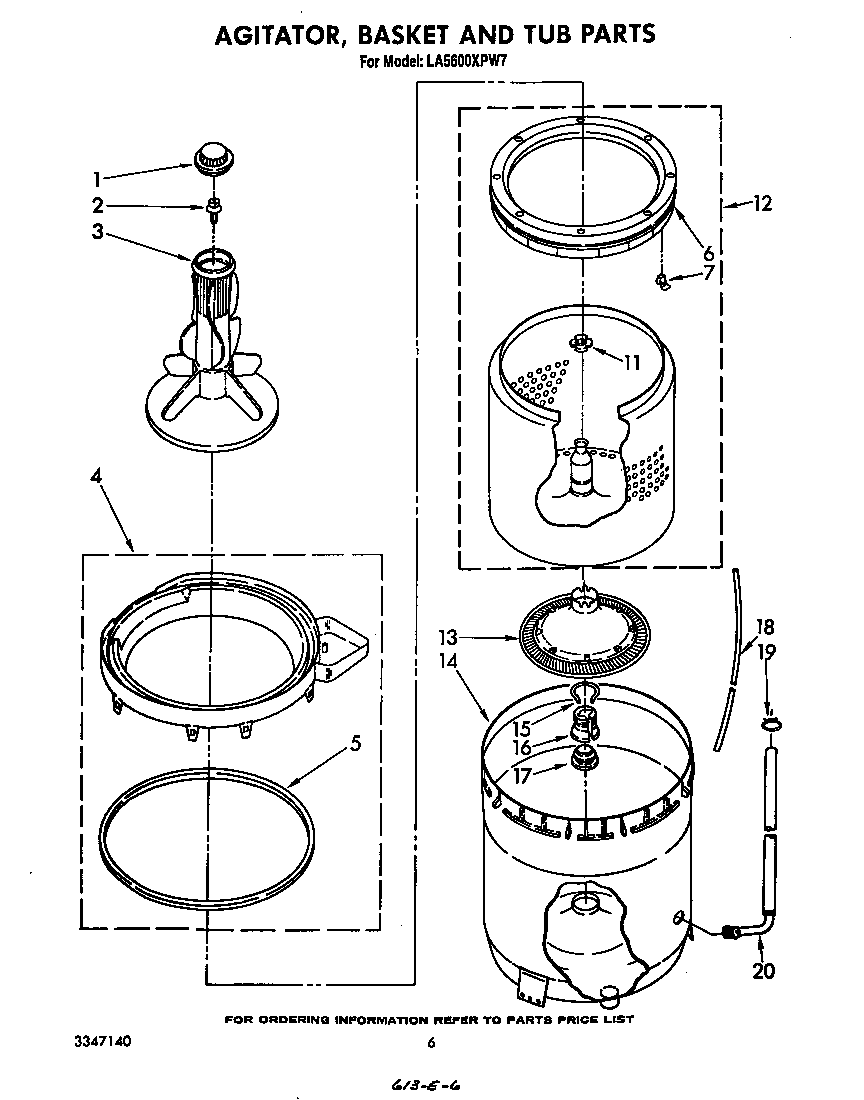 Whirlpool LA5600XPW7 agitator, basket and tub diagram