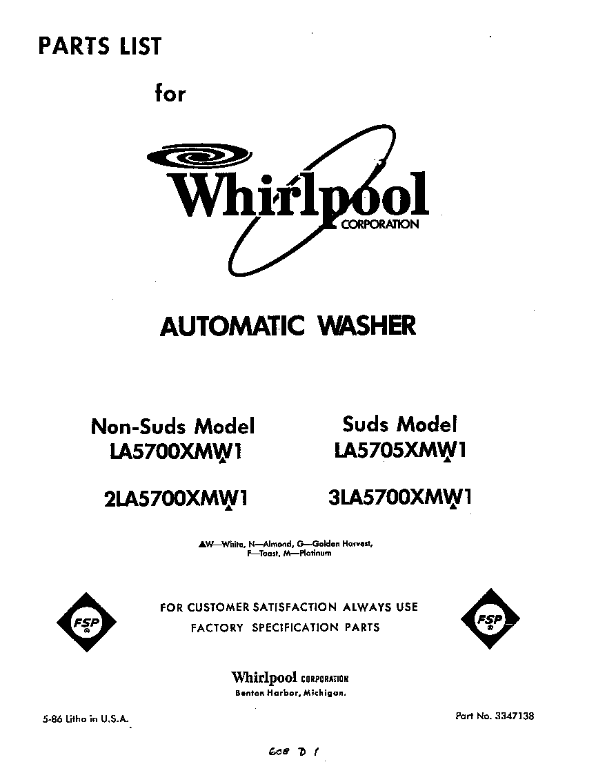 Whirlpool 2LA5700XMW1 front cover diagram