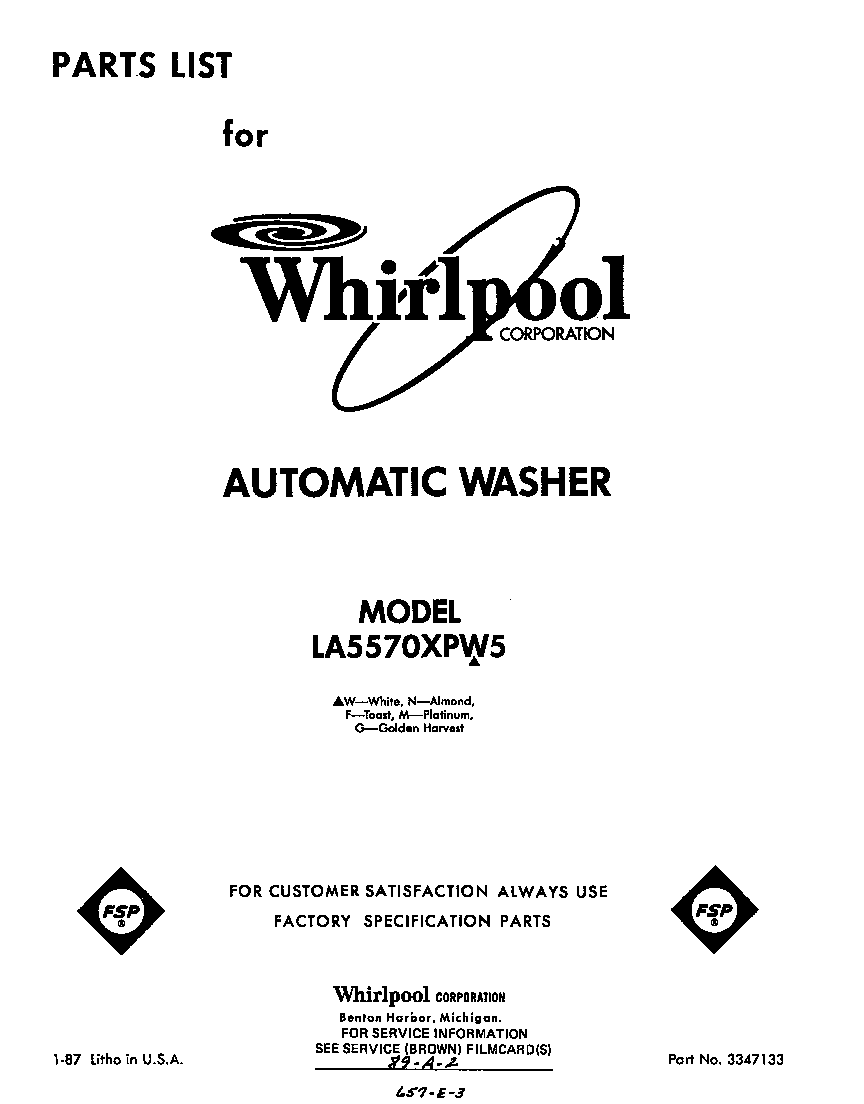 Whirlpool LA5570XPW5 front cover diagram