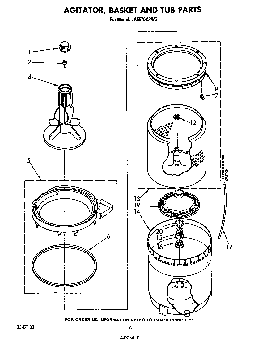 Whirlpool LA5570XPW5 agitator, basket and tub diagram