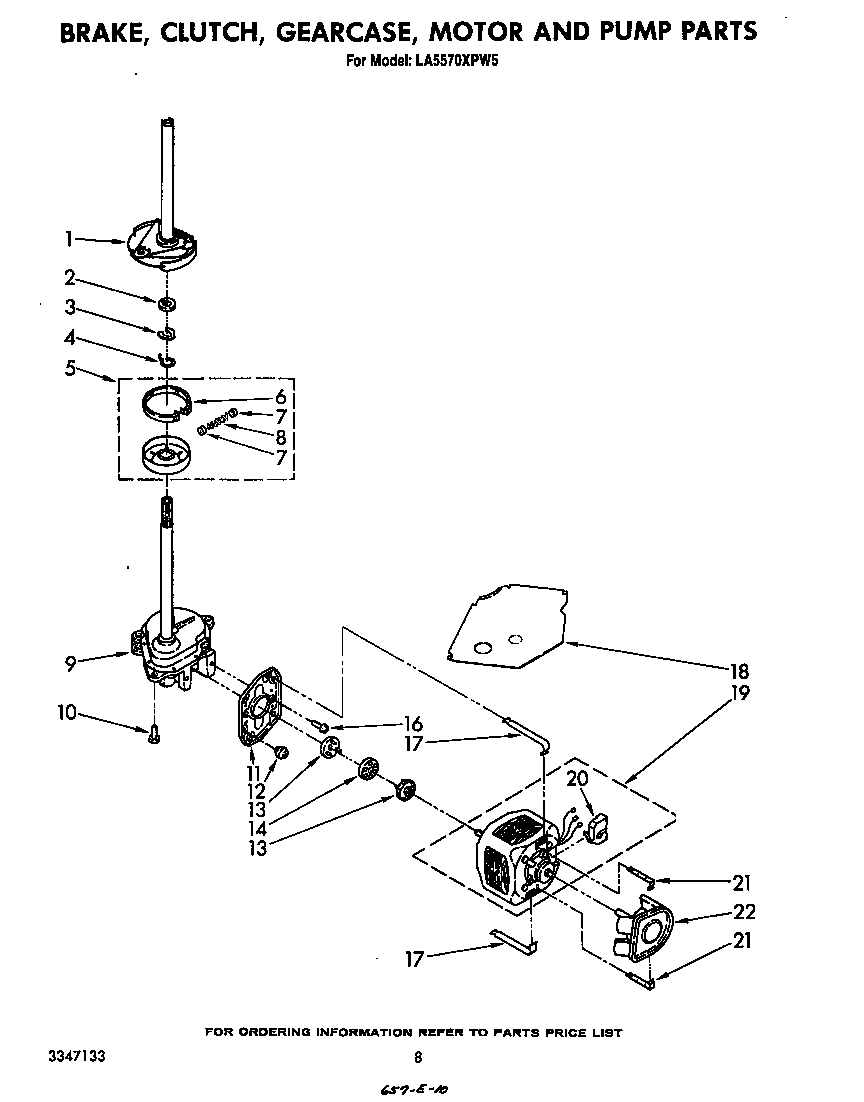 Whirlpool LA5570XPW5 brake, clutch, gearcase, motor and pump diagram