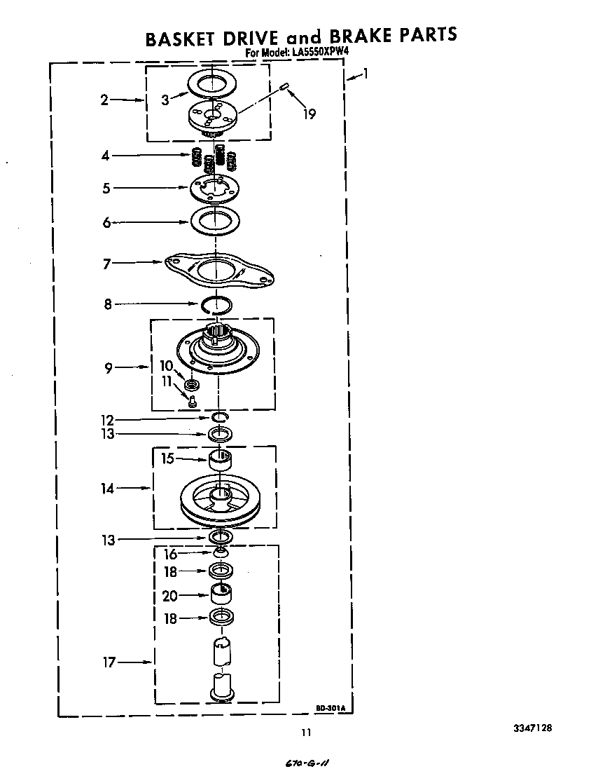 Whirlpool LA5550XPW4 basket drive and brake diagram