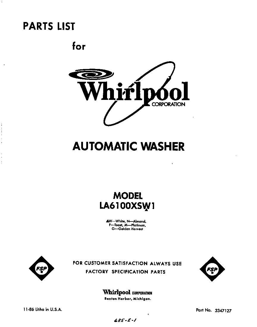 Whirlpool LA6100XSW1 front cover diagram