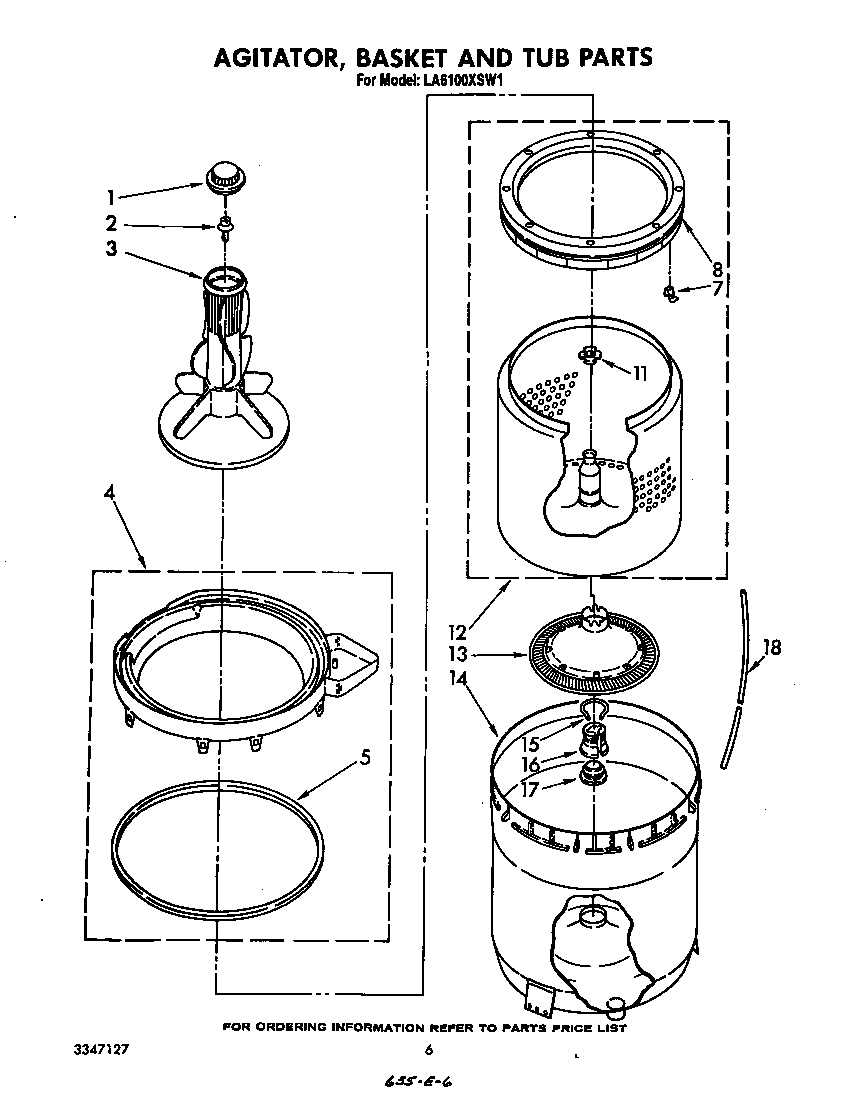 Whirlpool LA6100XSW1 agitator , basket and tub diagram