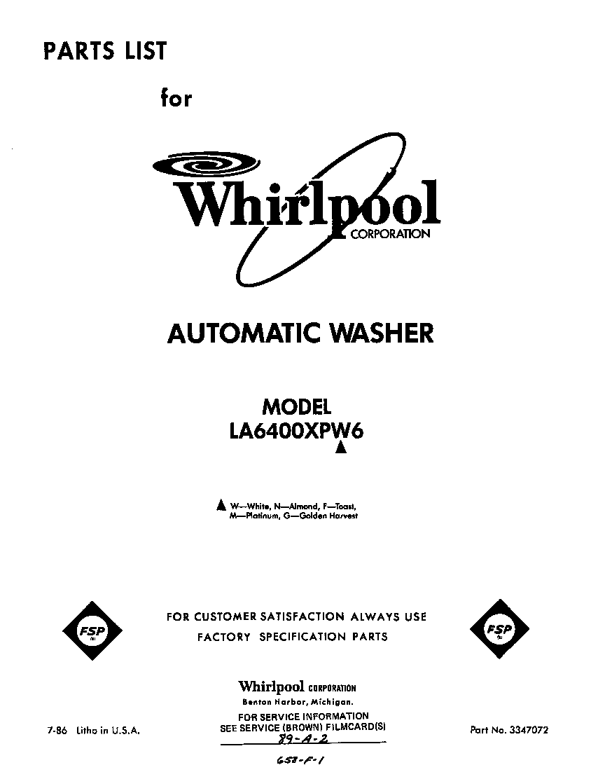 Whirlpool LA6400XPW6 front cover diagram