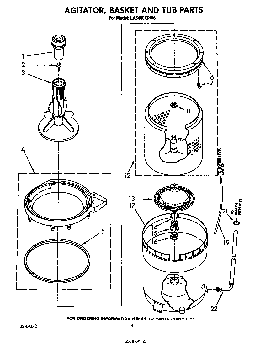 Whirlpool LA6400XPW6 agitator, basket and tub diagram