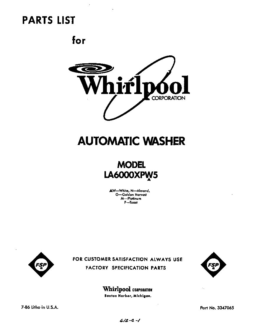 Whirlpool LA6000XPW5 front cover diagram