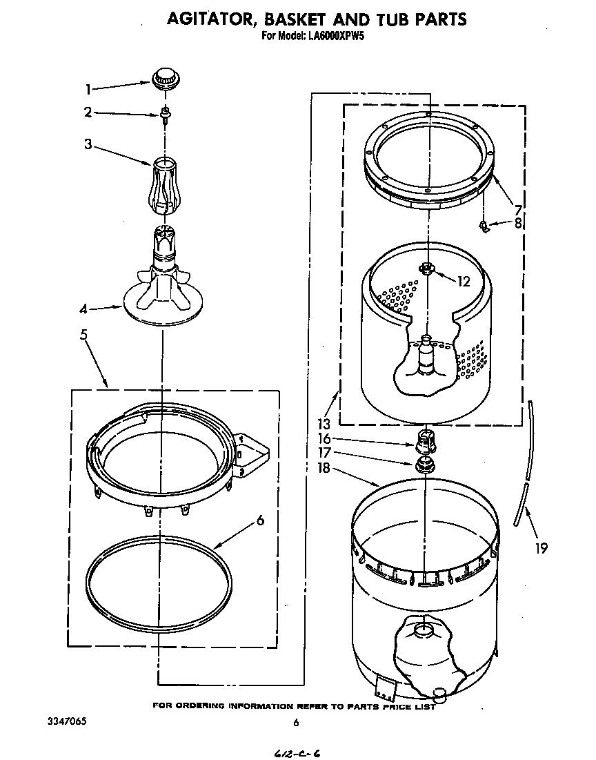 Whirlpool LA6000XPW5 agitator, basket and tub diagram