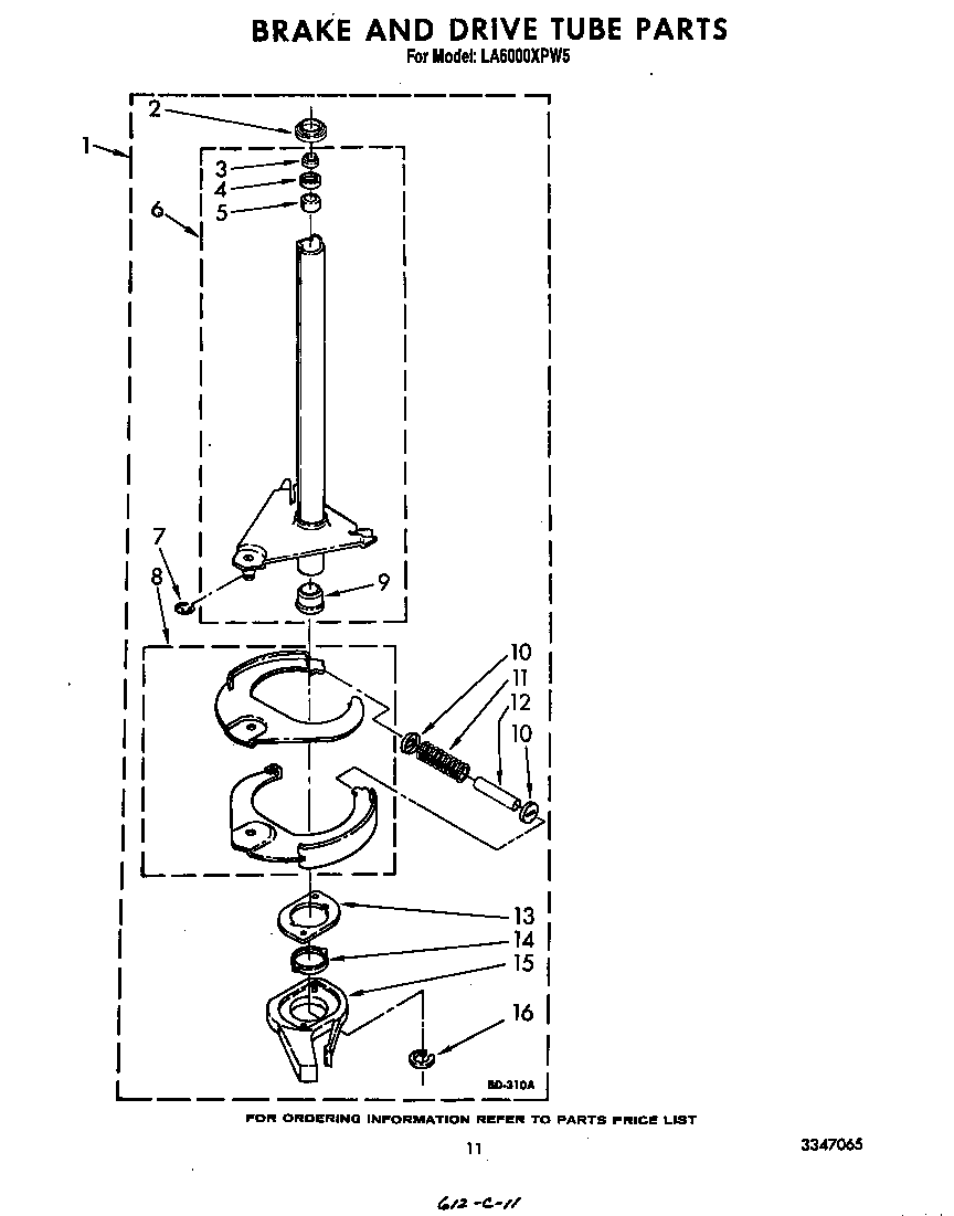 Whirlpool LA6000XPW5 brake and drive tube diagram