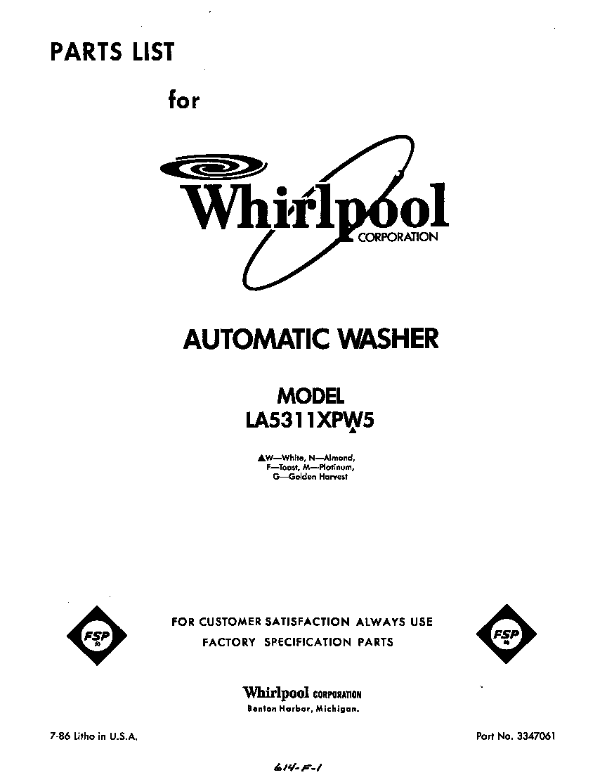 Whirlpool LA5311XPW5 front cover diagram