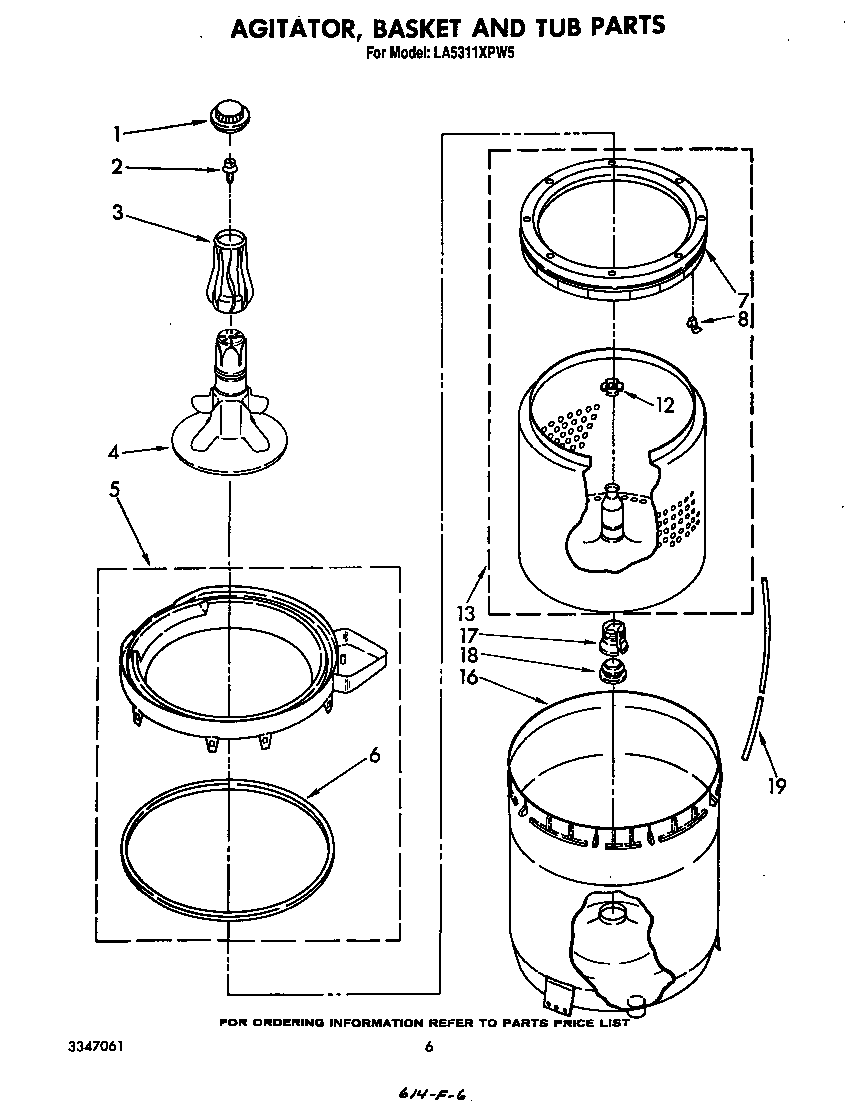 Whirlpool LA5311XPW5 agitator, basket and tub diagram