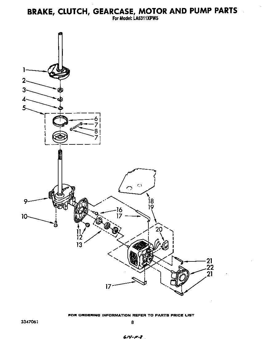 Whirlpool LA5311XPW5 brake, clutch, gearcase, motor, and pump diagram