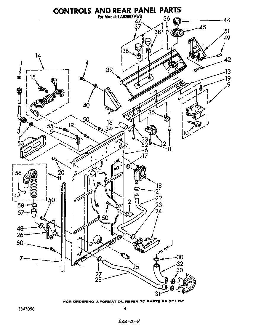 Whirlpool LA6200XPW3 controls and rear panel diagram
