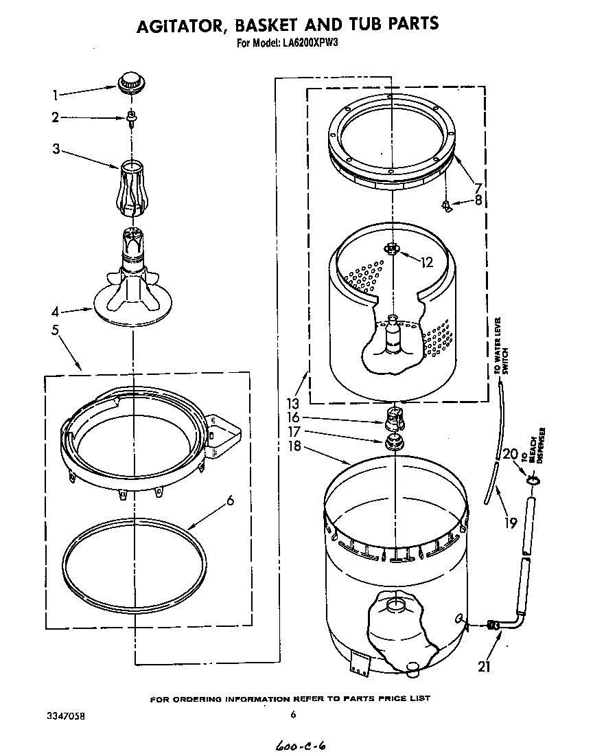 Whirlpool LA6200XPW3 agitator, basket and tub diagram