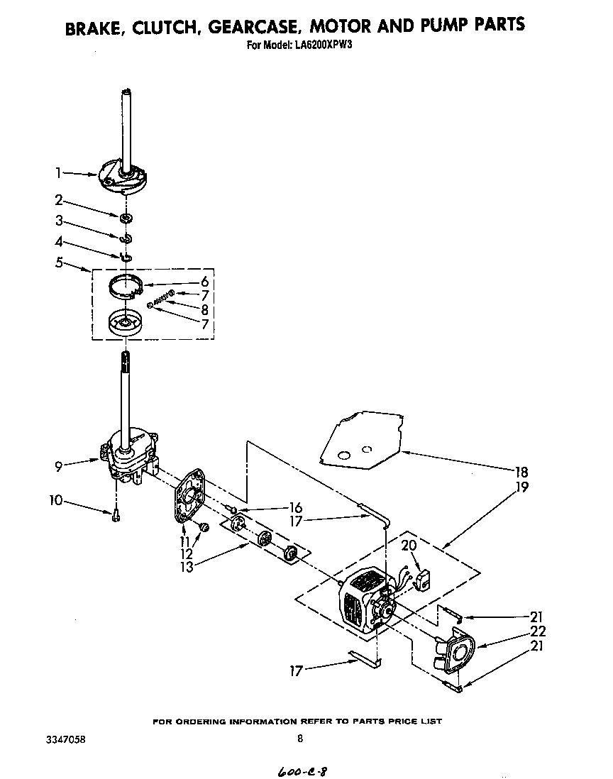 Whirlpool LA6200XPW3 brake, clutch, gearcase, motor and pump diagram