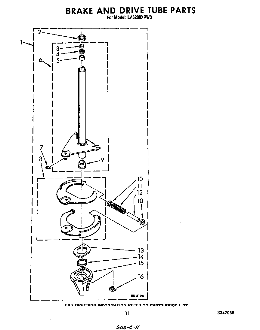 Whirlpool LA6200XPW3 brake and drive tube diagram
