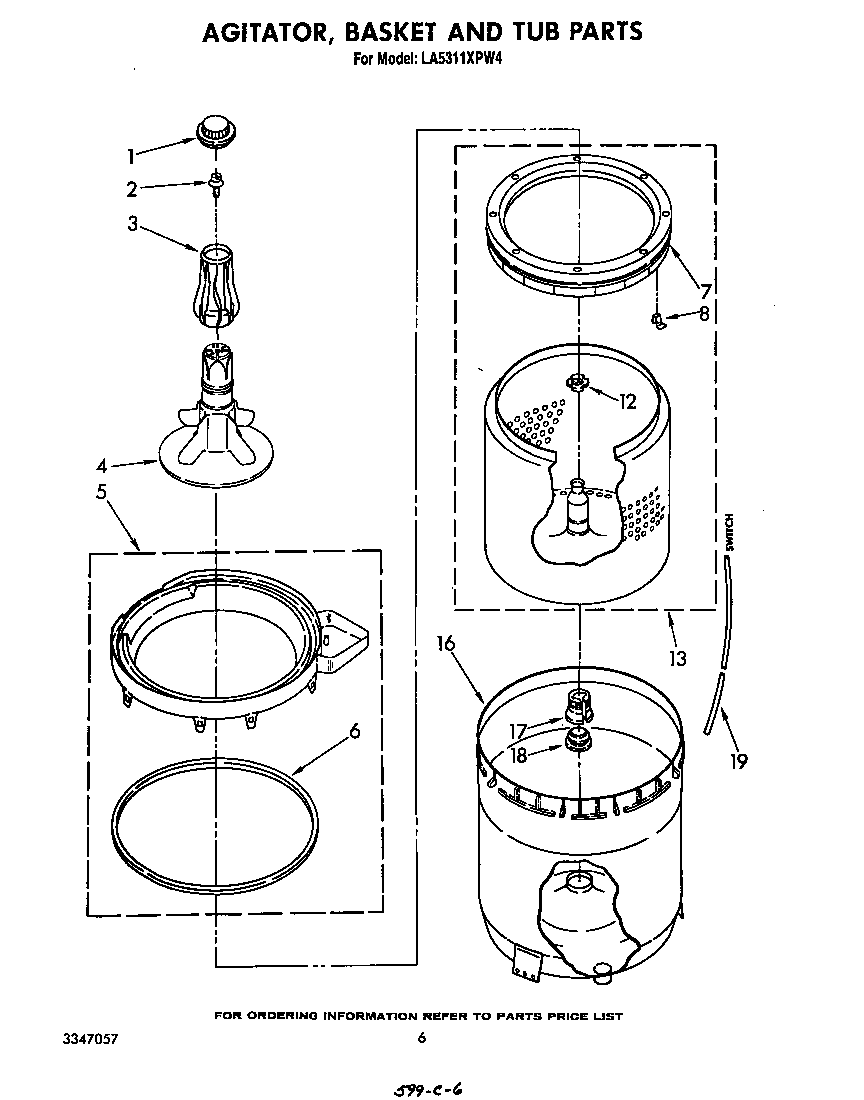 Whirlpool LA5311XPW4 agitator, basket and tub diagram