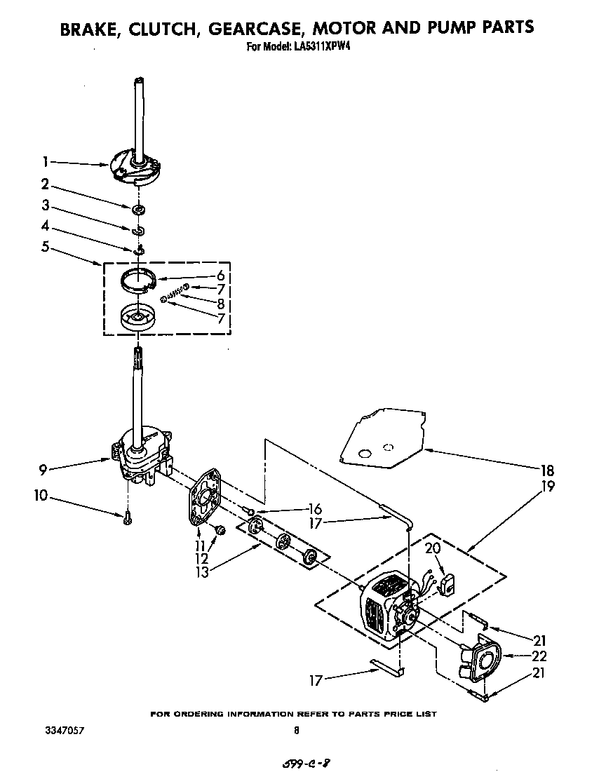 Whirlpool LA5311XPW4 brake, clutch, gearcase, motor and pump diagram