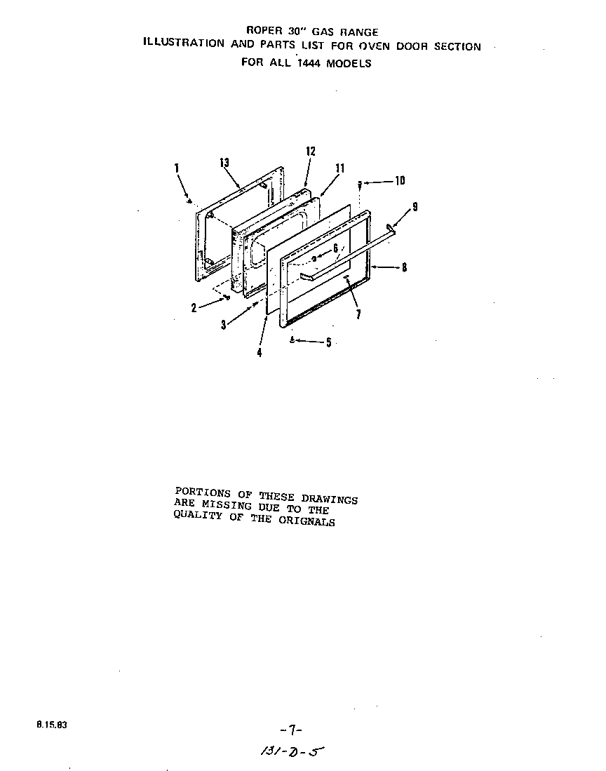 Roper 1444*0A oven door diagram