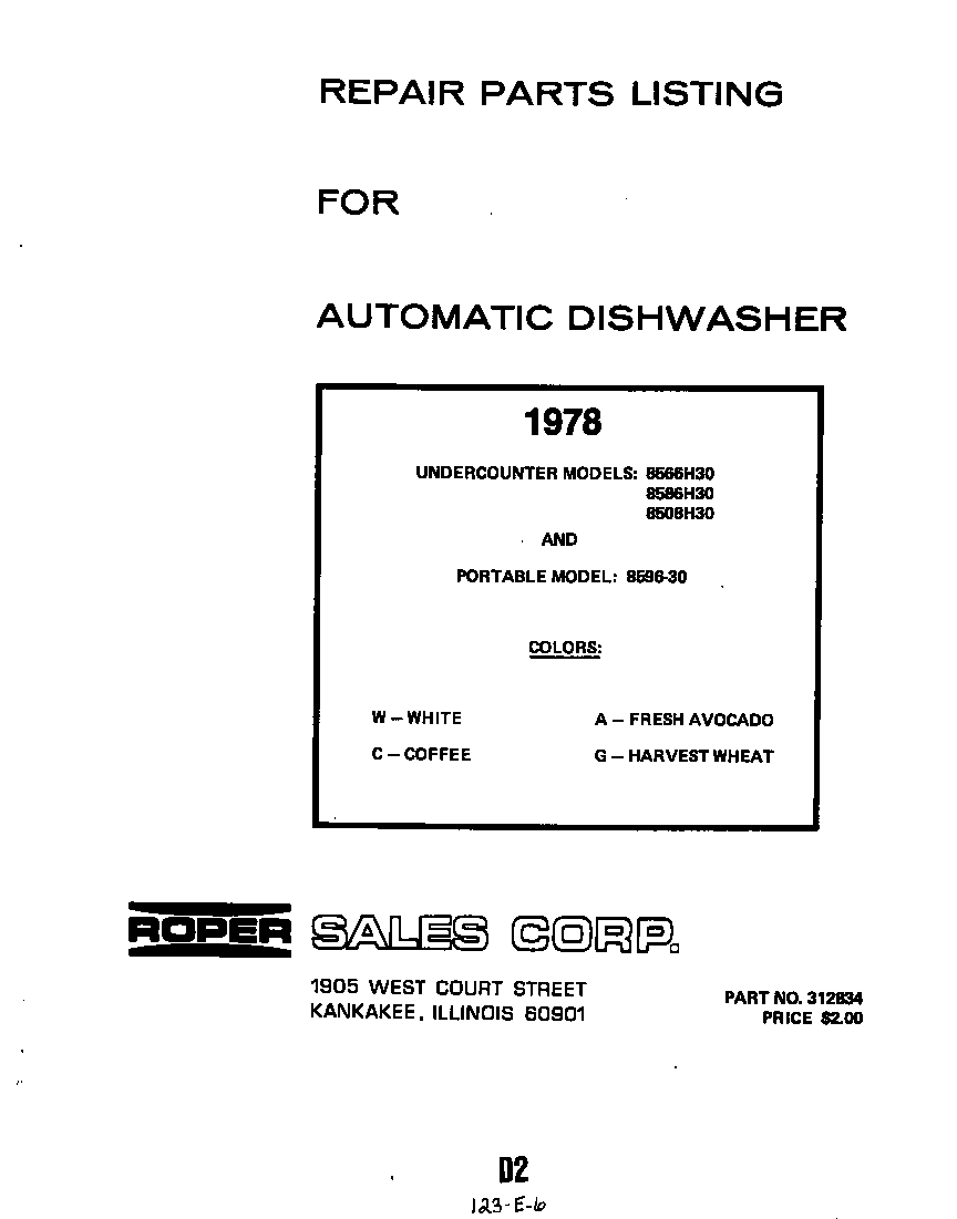 Roper 8508H30 front cover diagram