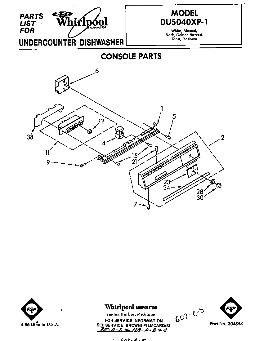 Whirlpool DU5040XP1 console diagram