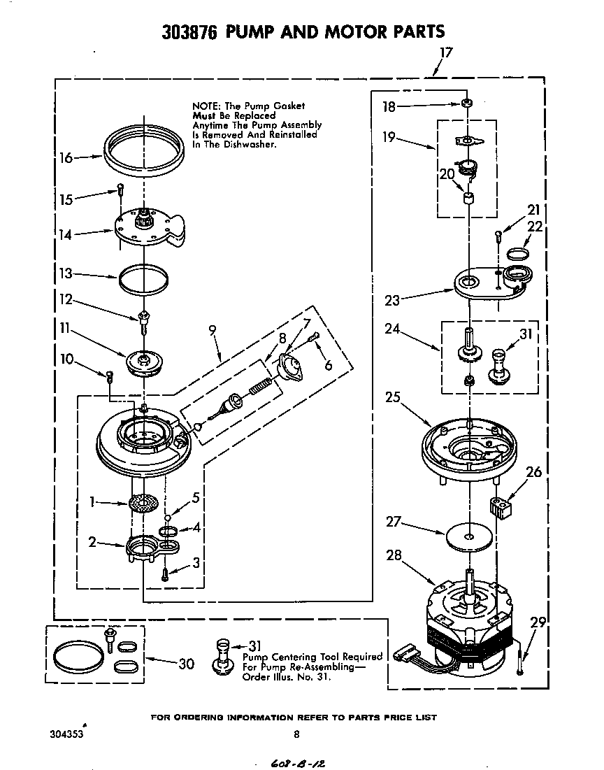 Whirlpool DU5040XP1 303876 pump and motor diagram