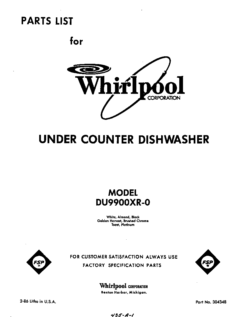 Whirlpool DU9900XR0 front cover diagram