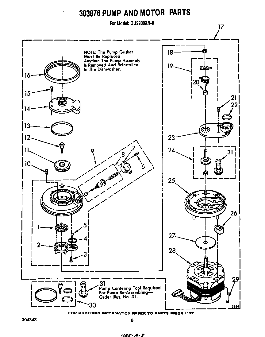 Whirlpool DU9900XR0 303876 pump and motor diagram
