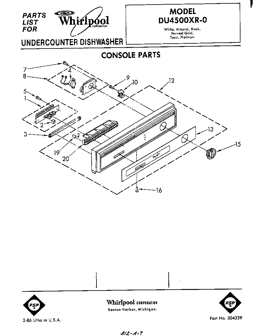Whirlpool DU4500XR0 console diagram