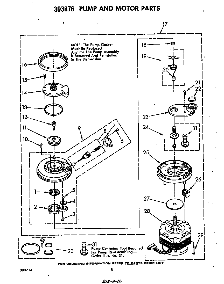 Whirlpool DU4040XP0 303876 pump and motor diagram