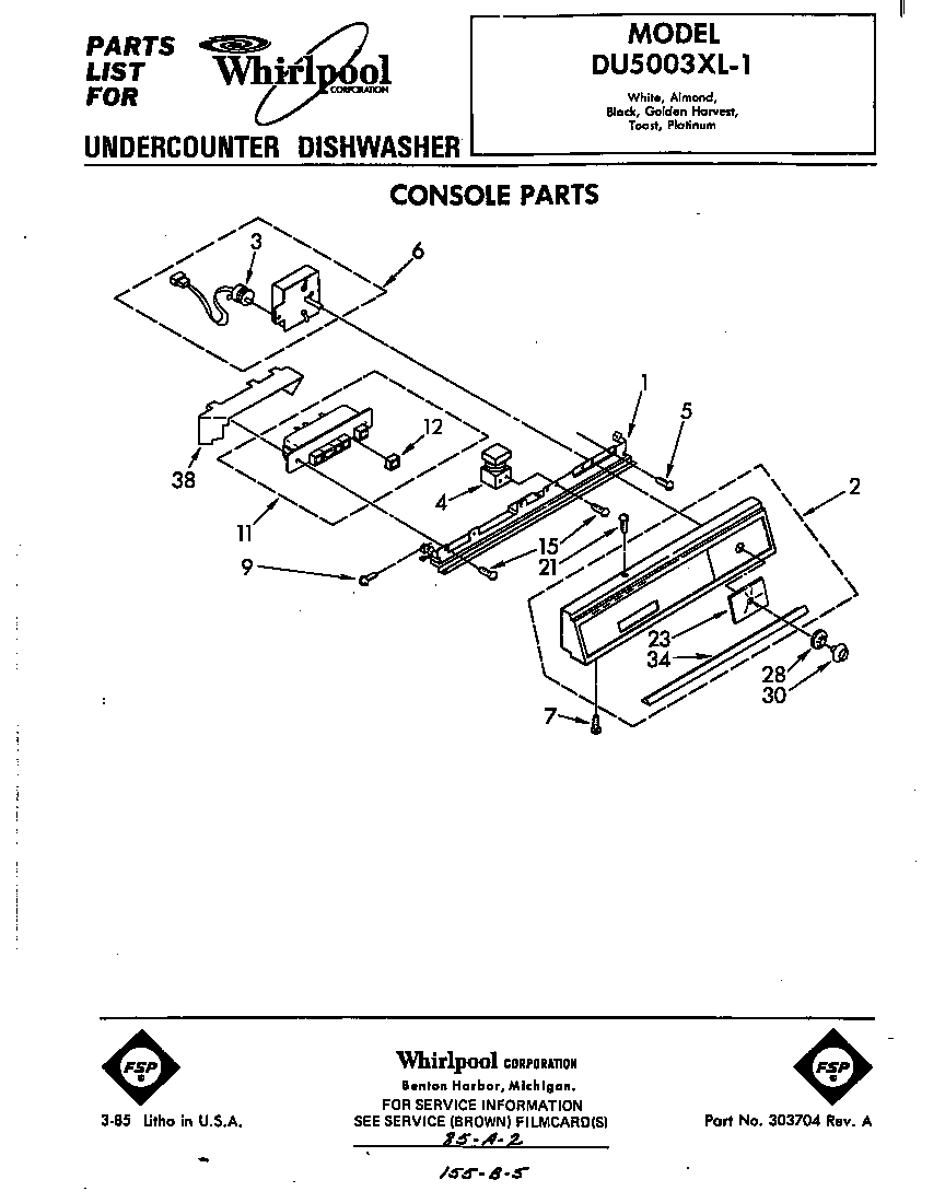Whirlpool DU5003XL1 console diagram