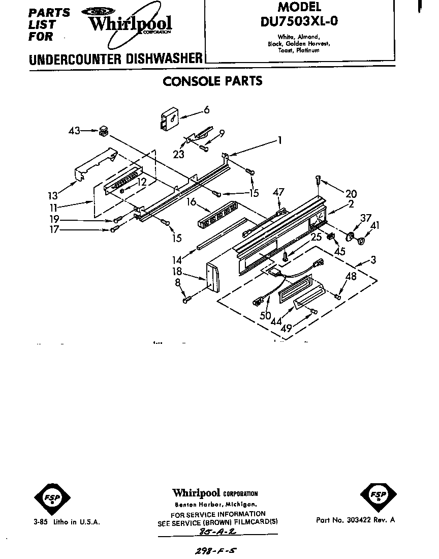 Whirlpool DU7503XL0 console diagram