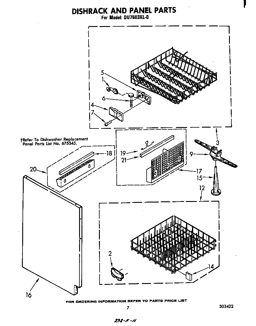 Whirlpool DU7503XL0 dishrack and panel diagram
