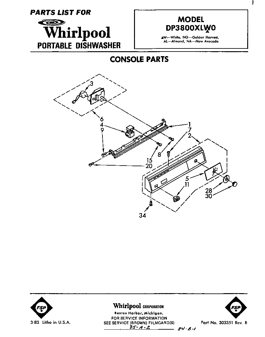 Whirlpool DP3800XLW0 console diagram