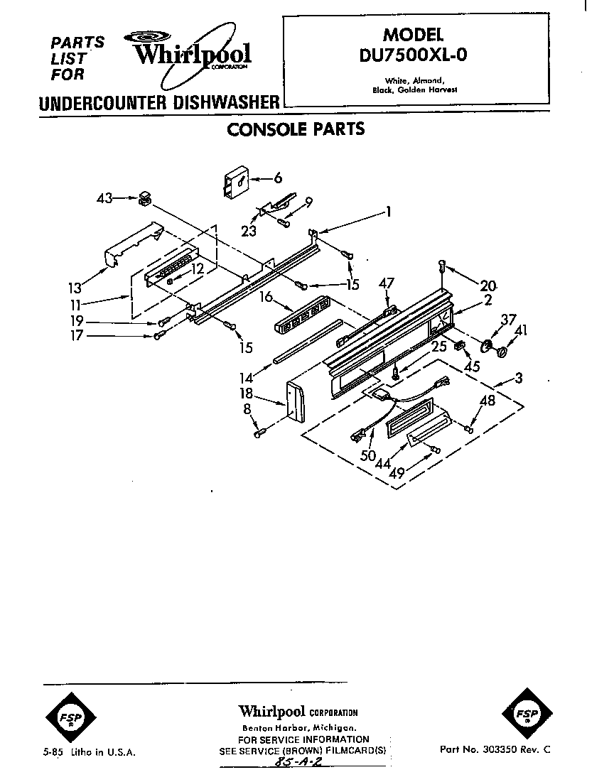 Whirlpool DU7500XL0 console diagram