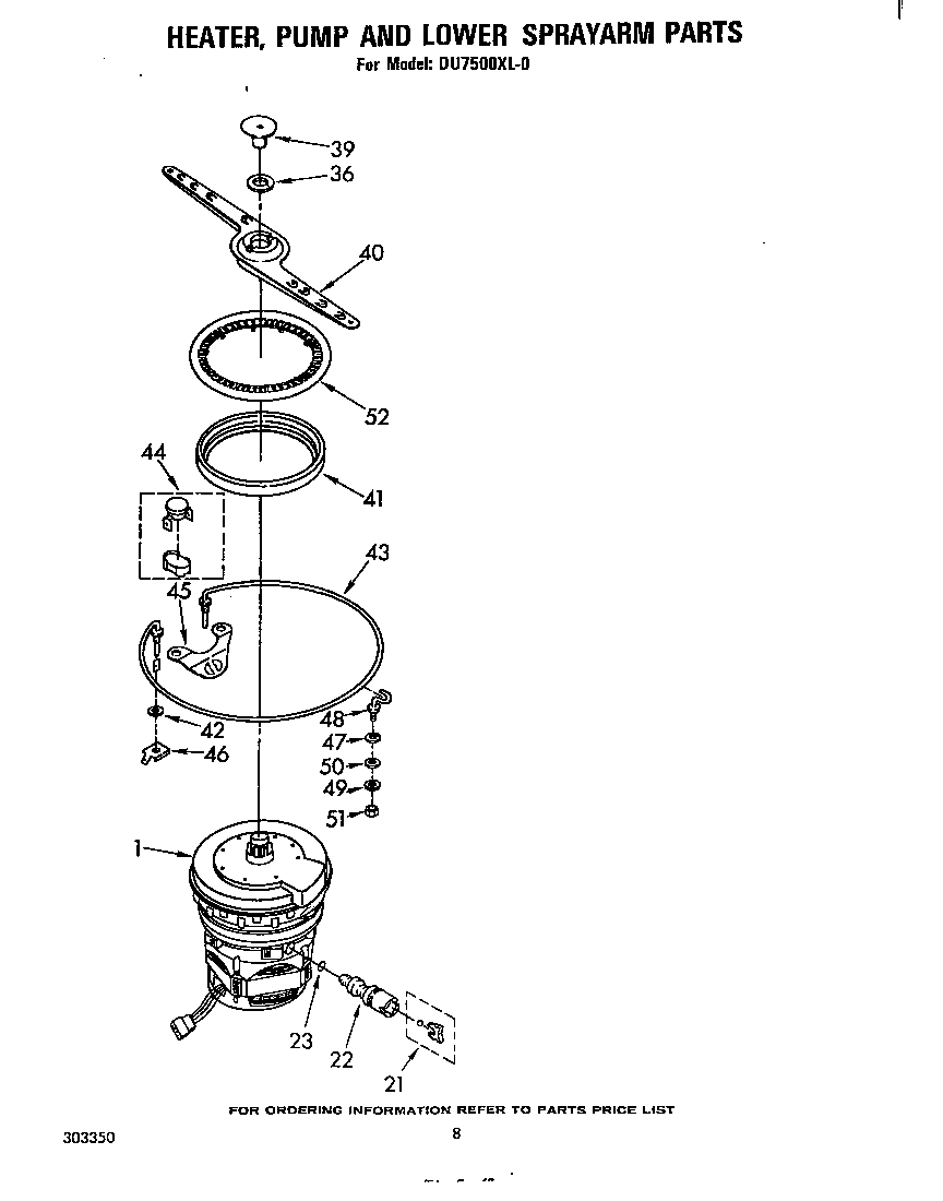 Whirlpool DU7500XL0 heater, pump and lower spray arm diagram