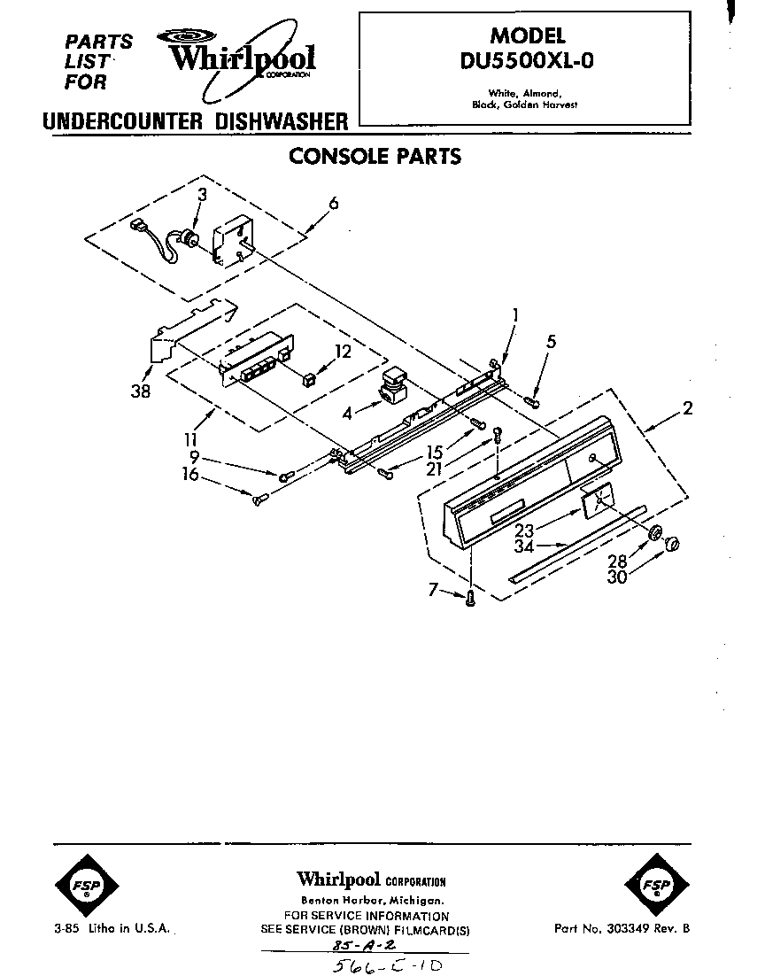 Whirlpool DU5500XL0 console diagram