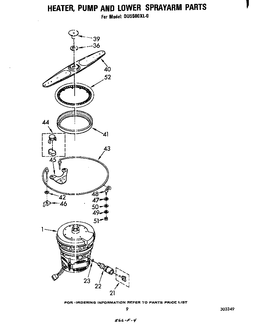 Whirlpool DU5500XL0 heater, pump and lower spray arm diagram