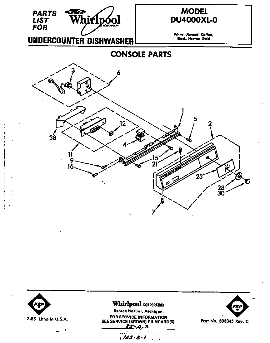 Whirlpool DU4000XL0 console diagram