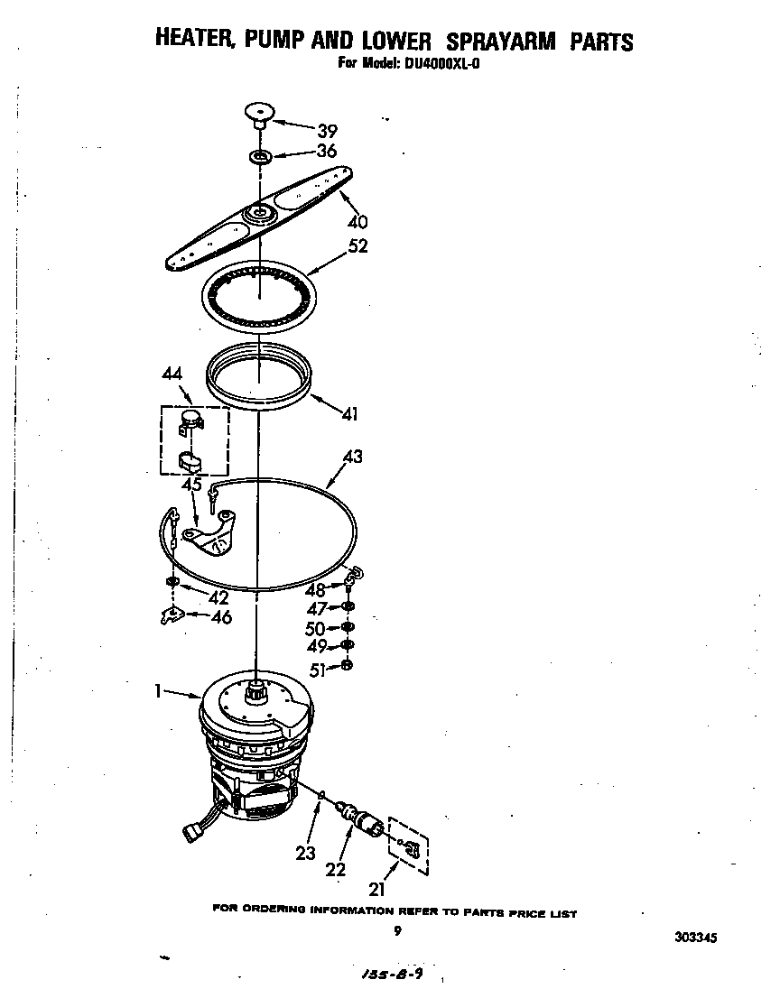 Whirlpool DU4000XL0 heater, pump and lower sprayarm diagram
