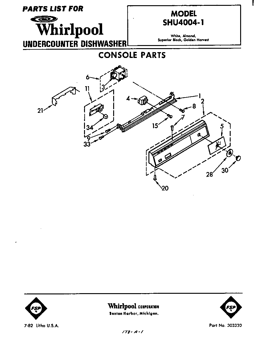Whirlpool SHU40041 console diagram