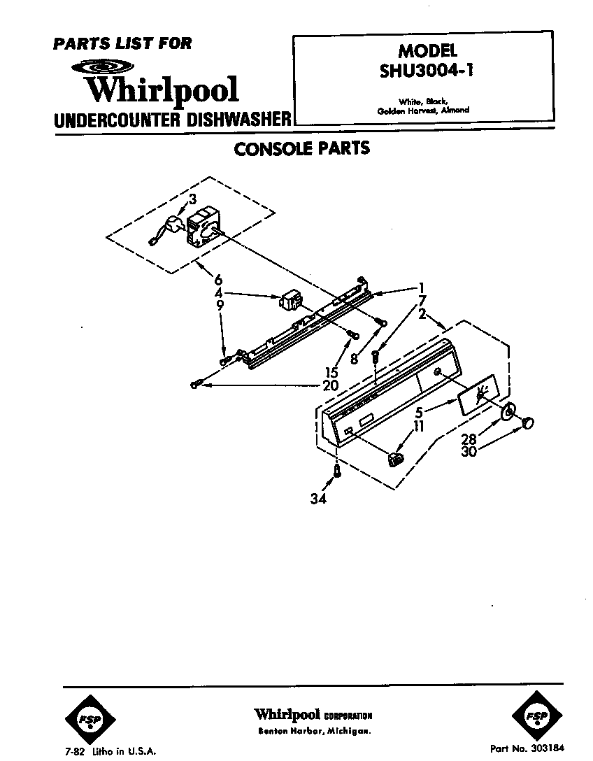 Whirlpool SHU30041 console diagram