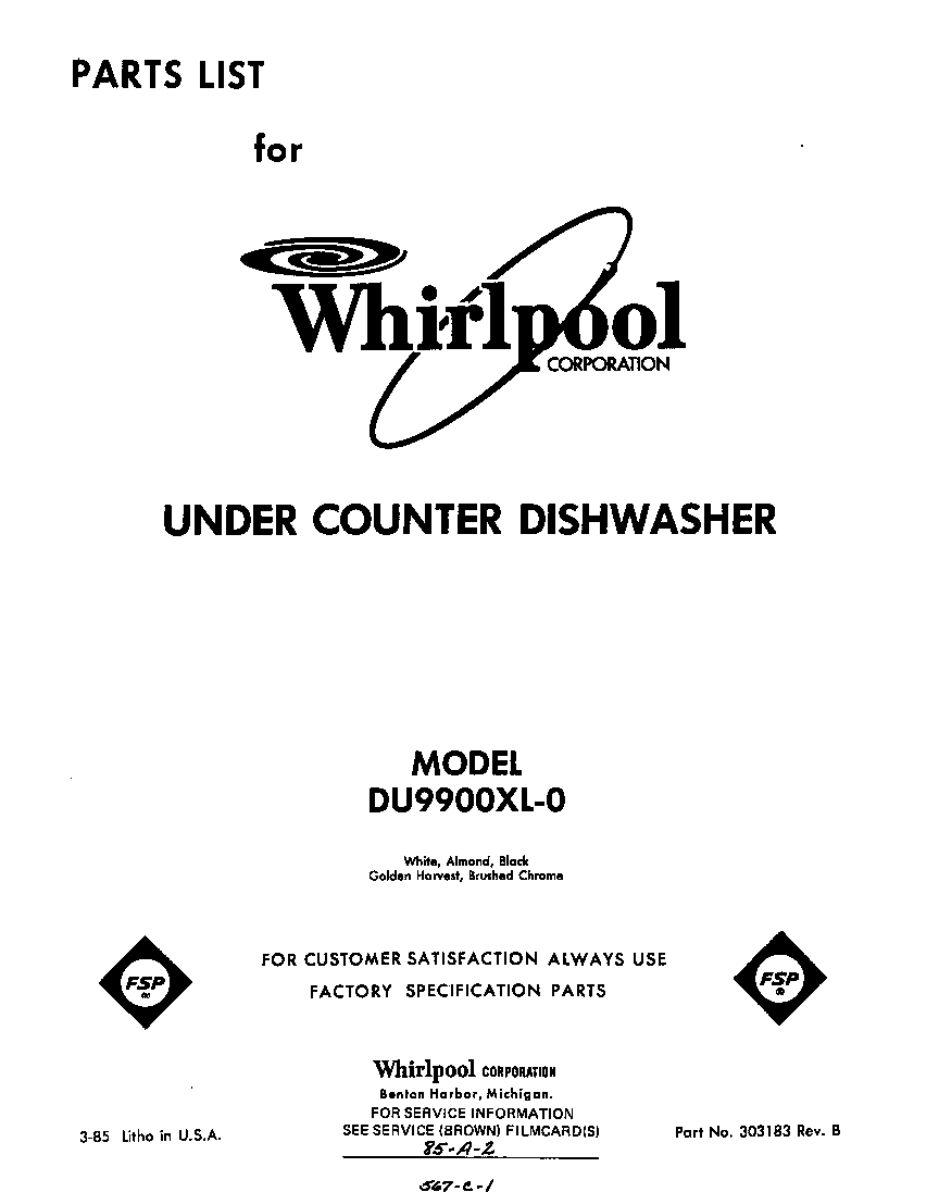 Whirlpool DU9900XL0 front cover diagram
