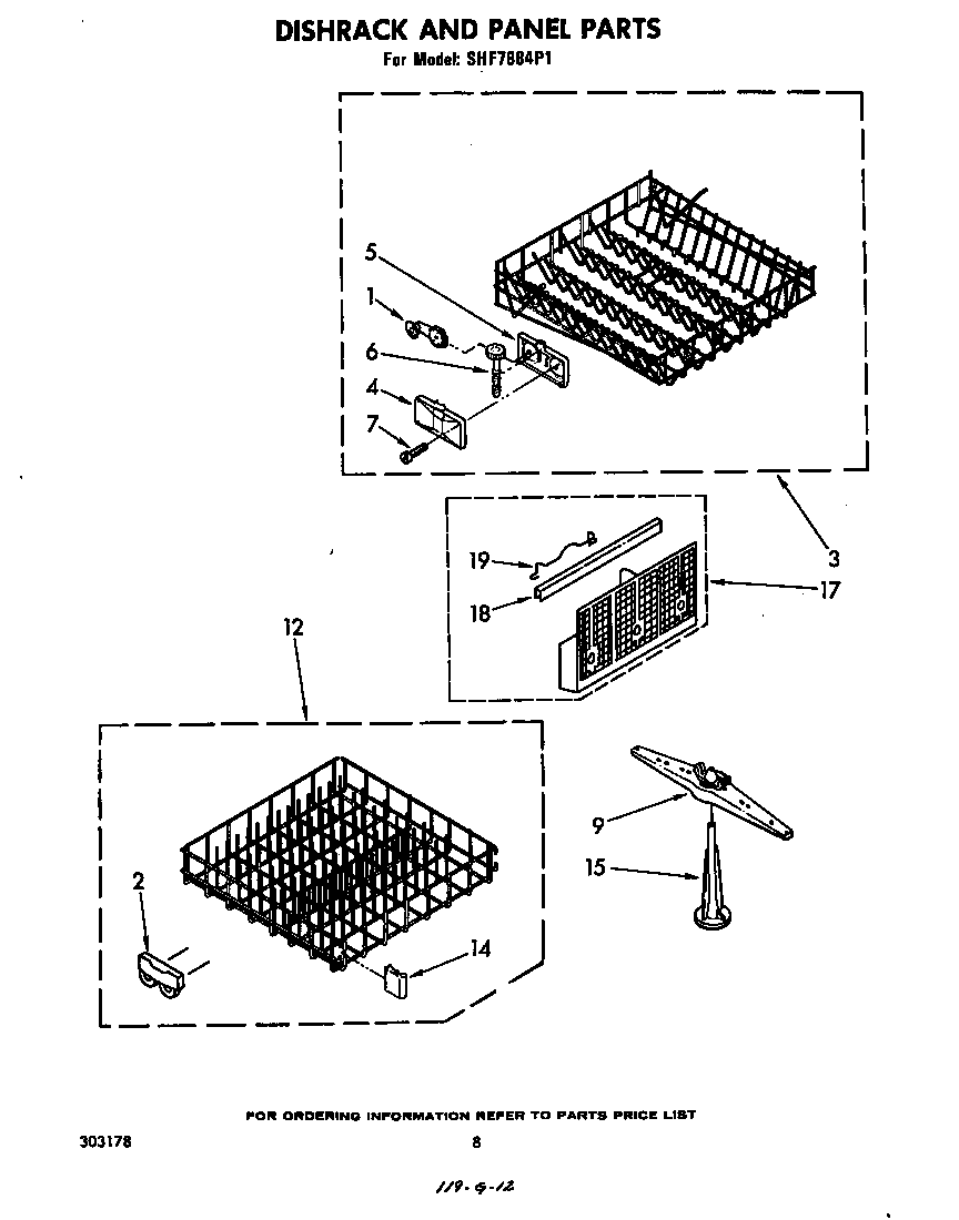 Whirlpool SHF7884P1 dishrack and panel diagram