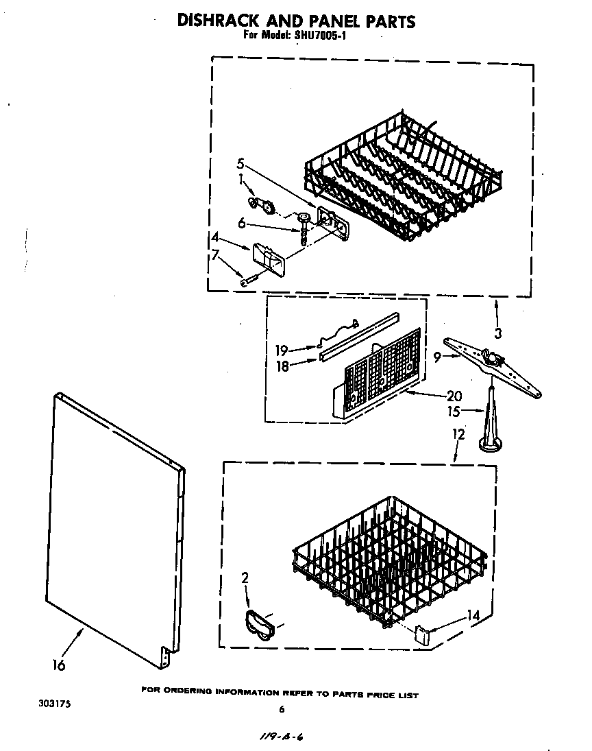 Whirlpool SHU70051 dishrack and panel diagram