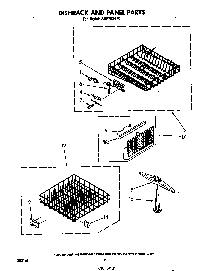Whirlpool SHF7884P0 dishrack and panel diagram